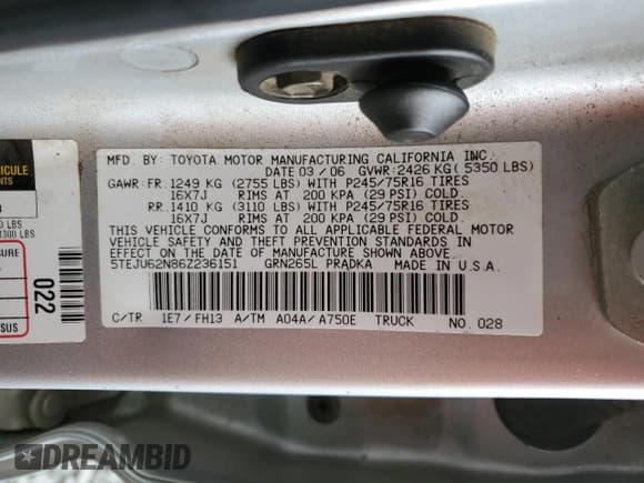 ✅ 2006 Toyota Tacoma PreRunner • VIN: 5TEJU62N86Z236151 • Lot: 86497465. Wystawiony na Copart z przebiegiem 266 994 mil. Bezpłatny archiwum sprzedaży aukcyjnych z USA i szczegółowy raport historii pojazdu na DreamBid. Zdjęcie 13.
