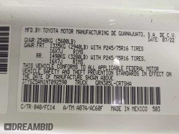 ✅ 2022 Toyota Tacoma SR • VIN: 3TYSZ5AN1NT092590 • Лот: 42148792. Опубликован ранее на IAAI с пробегом 58 154 миль. Бесплатный доступ к архиву аукционных продаж из США и подробный отчёт об истории автомобиля на DreamBid. Изображение 9.