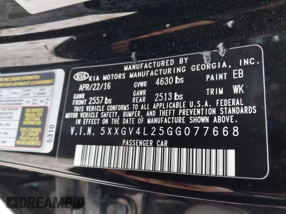 ✅ 2016 Kia Optima SXL Turbo • VIN: 5XXGV4L25GG077668 • Lot: 43427072. Listed on IAAI with 115,788 mi. Free auction sales archive from the USA and detailed vehicle history report at DreamBid. Image 9.