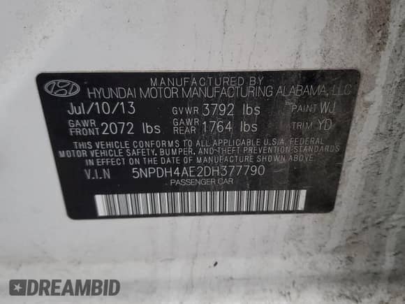 2013 Hyundai Elantra GLS z VIN 5NPDH4AE2DH377790, wystawiony jako Copart lot #44112395 z przebiegiem 135 948 mil mil oraz Szkoda całkowita • Salvage title. Historia ofert i sprzedaży dostępna na DreamBid. Obrazek 12.
