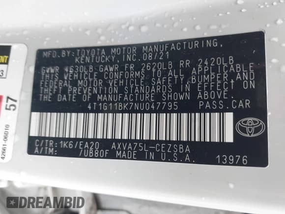 2022 Toyota Camry SE with VIN 4T1G11BK7NU047795, listed as a IAAI auction lot 42636810 with 59,439 mi miles and . Bid and sale history available at DreamBid. Image 9.