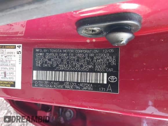 ✅ 2006 Toyota Corolla CE • VIN: JTDBR32E660063542 • Lot: 43837732. Wystawiony na IAAI z przebiegiem 164 261 mil. Bezpłatny archiwum sprzedaży aukcyjnych z USA i szczegółowy raport historii pojazdu na DreamBid. Zdjęcie 9.