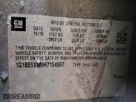 ✅ 2017 Chevrolet Cruze LT • VIN: 1G1BE5SM9H7154967 • Лот: 38131893. Опубликован ранее на Copart с пробегом 54 165 миль. Бесплатный доступ к архиву аукционных продаж из США и подробный отчёт об истории автомобиля на DreamBid. Изображение 12.