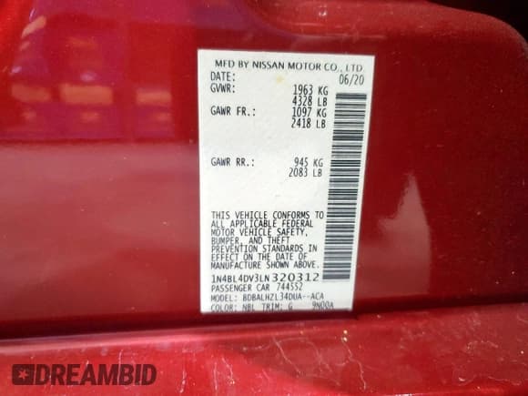 ✅ 2020 Nissan Altima SV • VIN: 1N4BL4DV3LN320312 • Lot: 90995595. Listed on Copart with 42,024 mi. Free auction sales archive from the USA and detailed vehicle history report at DreamBid. Image 12.