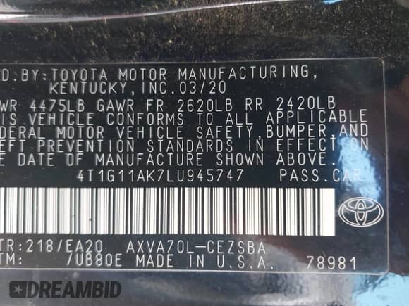 2020 Toyota Camry SE с VIN 4T1G11AK7LU945747, выставлен на аукционе IAAI как лот 42886887 с пробегом Не указан миль и . История ставок и продаж доступна на DreamBid. Изображение 9.