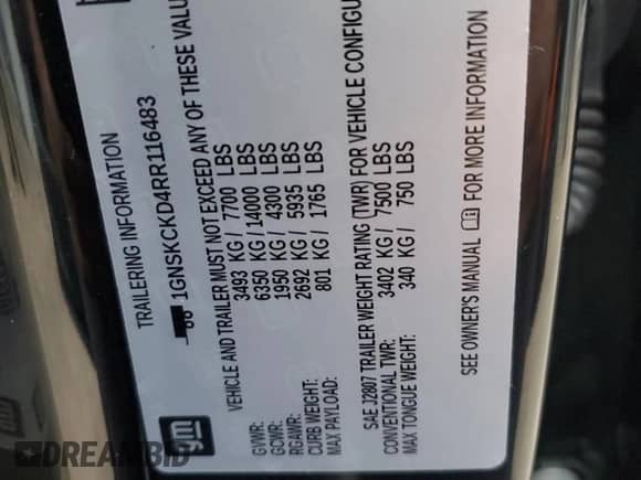 2024 Chevrolet Suburban LT z VIN 1GNSKCKD4RR116483, wystawiony jako Copart lot #91834185 z przebiegiem 59 712 mil mil oraz Szkoda całkowita • Salvage title. Historia ofert i sprzedaży dostępna na DreamBid. Obrazek 14.