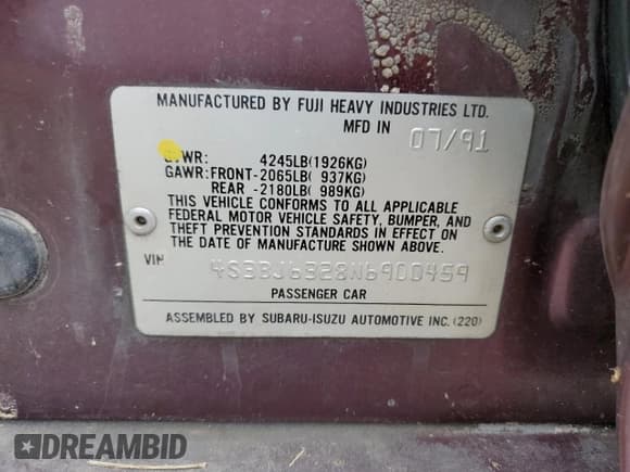 ✅ 1992 Subaru Legacy L • VIN: 4S3BJ6328N6900459 • Лот: 62595674. Опубликован ранее на Copart с пробегом 281 413 миль. Бесплатный доступ к архиву аукционных продаж из США и подробный отчёт об истории автомобиля на DreamBid. Изображение 14.