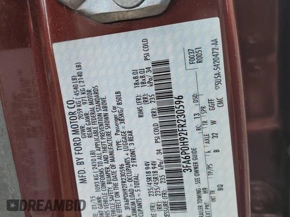 ✅ 2015 Ford Fusion SE • VIN: 3FA6P0H92FR230596 • Lot: 91694405. Listed on Copart with 117,228 mi. Free auction sales archive from the USA and detailed vehicle history report at DreamBid. Image 12.