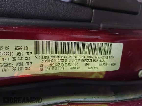 2018 Dodge Durango SXT with VIN 1C4RDJAG0JC463012, listed as a IAAI auction lot 43419946 with 59,407 mi miles and . Bid and sale history available at DreamBid. Image 9.