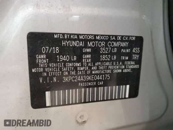 2019 Hyundai Accent SE z VIN 3KPC24A39KE044175, wystawiony jako Copart lot #49423294 z przebiegiem 62 244 mil mil oraz . Historia ofert i sprzedaży dostępna na DreamBid. Obrazek 12.