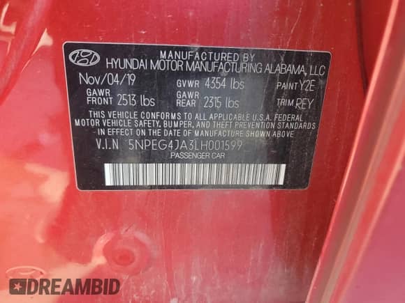 2020 Hyundai Sonata SE with VIN 5NPEG4JA3LH001599, listed as a Copart auction lot 80376125 with 136,010 mi miles and Salvage title. Bid and sale history available at DreamBid. Image 12.