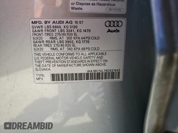 ✅ 2008 Audi Q7 Premium • VIN: WA1BV74L78D031543 • Lot: 60248224. Wystawiony na Copart z przebiegiem 102 023 mil. Bezpłatny archiwum sprzedaży aukcyjnych z USA i szczegółowy raport historii pojazdu na DreamBid. Zdjęcie 16.