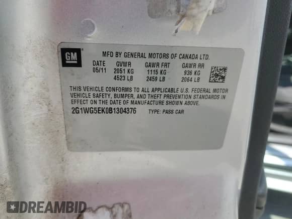 2011 Chevrolet Impala LT Fleet z VIN 2G1WG5EK0B1304376, wystawiony jako Copart lot #68116975 z przebiegiem 193 797 mil mil oraz Szkoda całkowita • Salvage title. Historia ofert i sprzedaży dostępna na DreamBid. Obrazek 12.