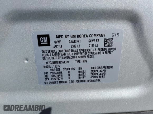 ✅ 2022 Chevrolet Trax LS • VIN: KL7CJNSM8NB551339 • Lot: 86807785. Listed on Copart with 26,783 mi. Free auction sales archive from the USA and detailed vehicle history report at DreamBid. Image 13.