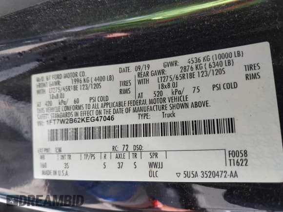 ✅ 2019 Ford F-250 XL • VIN: 1FT7W2B62KEG47046 • Lot: 42417804. Listed on IAAI with 74,875 mi. Free auction sales archive from the USA and detailed vehicle history report at DreamBid. Image 9.