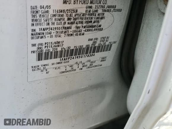 ✅ 2005 Ford Five Hundred SEL • VIN: 1FAFP24195G178384 • Лот: 86073055. Опубликован ранее на Copart с пробегом Не указан. Бесплатный доступ к архиву аукционных продаж из США и подробный отчёт об истории автомобиля на DreamBid. Изображение 12.