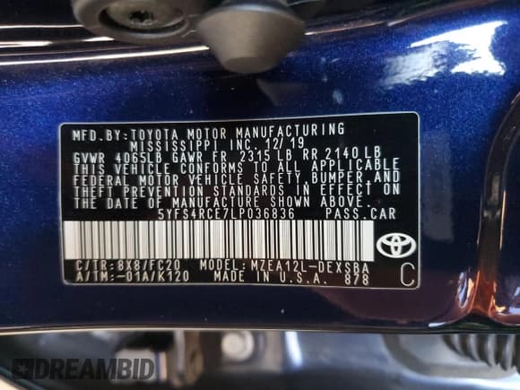 ✅ 2020 Toyota Corolla SE • VIN: 5YFS4RCE7LP036836 • Lot: 82739675. Wystawiony na Copart z przebiegiem 90 119 mil. Bezpłatny archiwum sprzedaży aukcyjnych z USA i szczegółowy raport historii pojazdu na DreamBid. Zdjęcie 12.