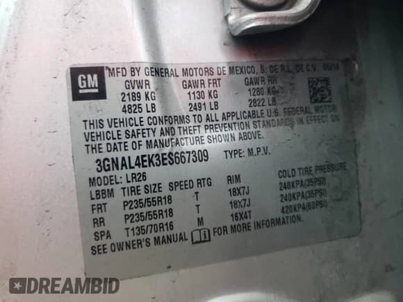 2014 Chevrolet Captiva Sport LTZ с VIN 3GNAL4EK3ES667309, выставлен на аукционе Copart как лот 81964284 с пробегом 106 238 миль миль и Списание • Salvage title. История ставок и продаж доступна на DreamBid. Изображение 12.