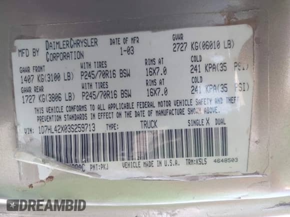 2003 Dodge Dakota SLT with VIN 1D7HL42X03S259713, listed as a IAAI auction lot 42292020 with 179,537 mi miles and . Bid and sale history available at DreamBid. Image 9.