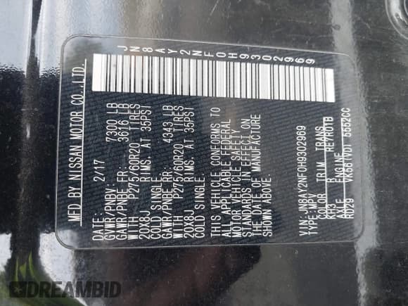 ✅ 2017 Nissan Armada Platinum • VIN: JN8AY2NF0H9302969 • Lot: 43443188. Listed on IAAI with 169,313 mi. Free auction sales archive from the USA and detailed vehicle history report at DreamBid. Image 9.