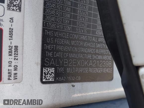 ✅ 2019 Land Rover Range Rover Velar S • VIN: SALYB2EX0KA212398 • Лот: 43397747. Опубликован ранее на IAAI с пробегом 99 352 миль. Бесплатный доступ к архиву аукционных продаж из США и подробный отчёт об истории автомобиля на DreamBid. Изображение 9.