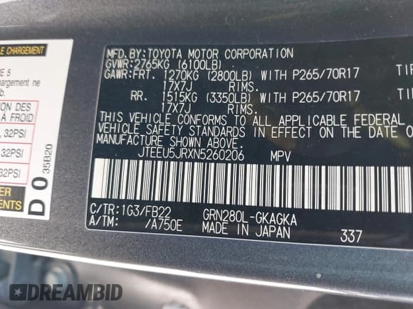 ✅ 2022 Toyota 4Runner SR5 • VIN: JTEEU5JRXN5260206 • Lot: 41775088. Listed on IAAI with 69,235 mi. Free auction sales archive from the USA and detailed vehicle history report at DreamBid. Image 9.