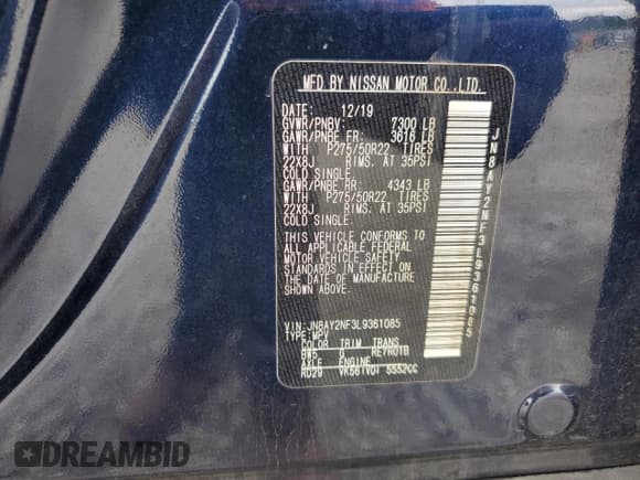 ✅ 2020 Nissan Armada Platinum • VIN: JN8AY2NF3L9361085 • Lot: 61425295. Listed on Copart with Not provided. Free auction sales archive from the USA and detailed vehicle history report at DreamBid. Image 13.