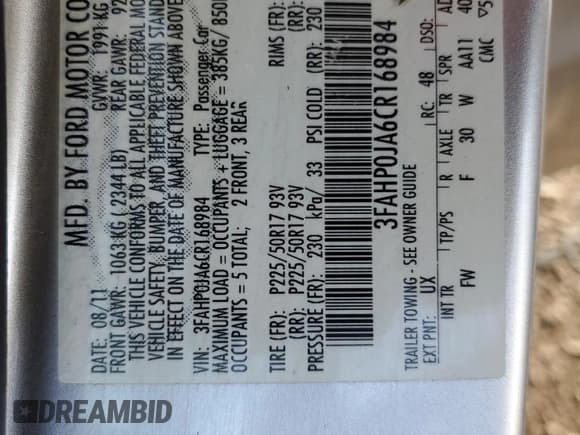 ✅ 2012 Ford Fusion SEL • VIN: 3FAHP0JA6CR168984 • Lot: 85697055. Listed on Copart with 116,856 mi. Free auction sales archive from the USA and detailed vehicle history report at DreamBid. Image 13.