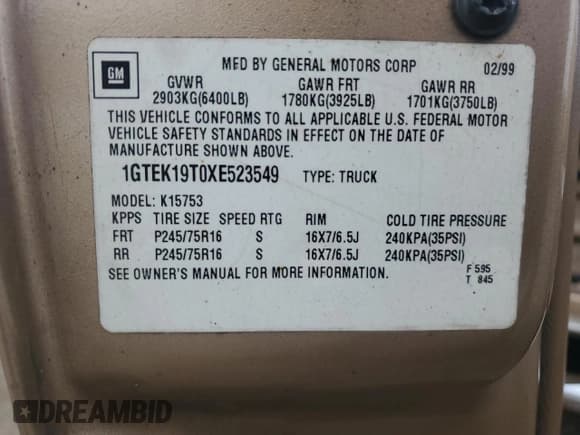 ✅ 1999 GMC Sierra 1500 SLE • VIN: 1GTEK19T0XE523549 • Лот: 62088315. Опубликован ранее на Copart с пробегом 141 472 миль. Бесплатный доступ к архиву аукционных продаж из США и подробный отчёт об истории автомобиля на DreamBid. Изображение 12.