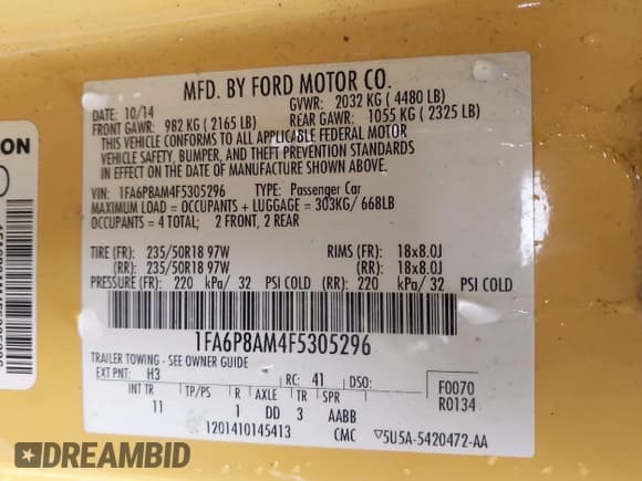 ✅ 2015 Ford Mustang V6 • VIN: 1FA6P8AM4F5305296 • Lot: 43431575. Listed on IAAI with 91,121 mi. Free auction sales archive from the USA and detailed vehicle history report at DreamBid. Image 9.