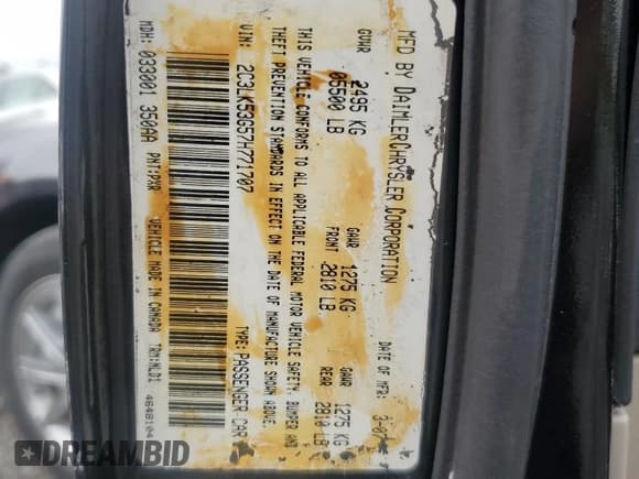 ✅ 2007 Chrysler 300 Limited • VIN: 2C3LK53G57H771707 • Lot: 66577154. Listed on Copart with 127,614 mi. Free auction sales archive from the USA and detailed vehicle history report at DreamBid. Image 12.