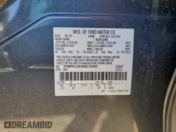 ✅ 2019 Ford Edge SEL • VIN: 2FMPK3J93KBC35495 • Lot: 94432465. Listed on Copart with 118,341 mi. Free auction sales archive from the USA and detailed vehicle history report at DreamBid. Image 13.