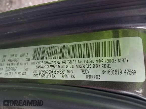 2019 Ram 1500 Tradesman with VIN 1C6RR7FG0KS534933, listed as a IAAI auction lot 41845978 with 82,600 mi miles and . Bid and sale history available at DreamBid. Image 9.