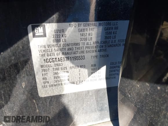 ✅ 2015 Chevrolet Colorado 4WD WT • VIN: 1GCGTAE37F1195533 • Lot: 43465122. Listed on IAAI with 173,569 mi. Free auction sales archive from the USA and detailed vehicle history report at DreamBid. Image 9.