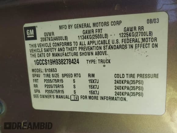✅ 2003 Chevrolet S-10 LS • VIN: 1GCCS19H938278424 • Lot: 41447907. Listed on IAAI with 237,350 mi. Free auction sales archive from the USA and detailed vehicle history report at DreamBid. Image 9.