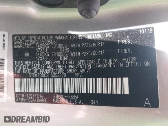 ✅ 2020 Toyota Sienna LE Auto Access Seat • VIN: 5TDKZ3DC3LS053328 • Lot: 42184135. Listed on IAAI with 65,300 mi. Free auction sales archive from the USA and detailed vehicle history report at DreamBid. Image 9.