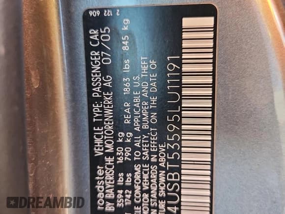 ✅ 2005 BMW Z4 3.0i • VIN: 4USBT53595LU11191 • Лот: 90355385. Опубликован ранее на Copart с пробегом Не указан. Бесплатный доступ к архиву аукционных продаж из США и подробный отчёт об истории автомобиля на DreamBid. Изображение 12.