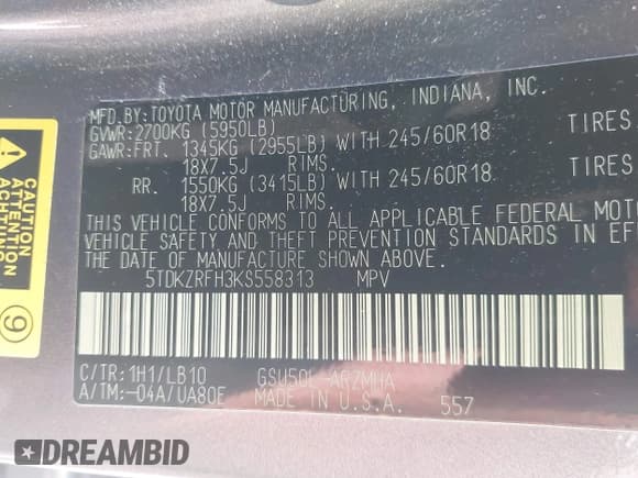 ✅ 2019 Toyota Highlander SE • VIN: 5TDKZRFH3KS558313 • Lot: 43241505. Listed on IAAI with 92,696 mi. Free auction sales archive from the USA and detailed vehicle history report at DreamBid. Image 9.