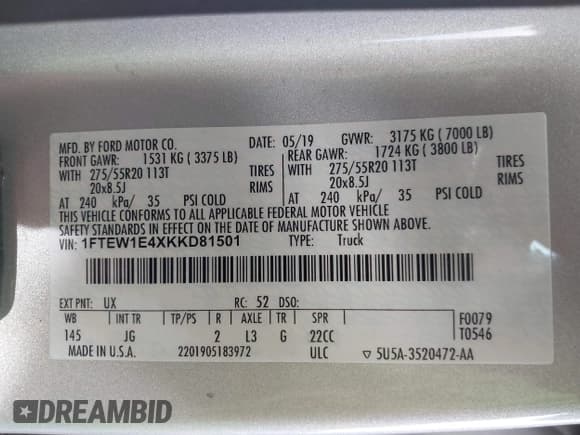 ✅ 2019 Ford F-150 XL • VIN: 1FTEW1E4XKKD81501 • Лот: 42893214. Опубликован ранее на IAAI с пробегом 102 584 миль. Бесплатный доступ к архиву аукционных продаж из США и подробный отчёт об истории автомобиля на DreamBid. Изображение 9.