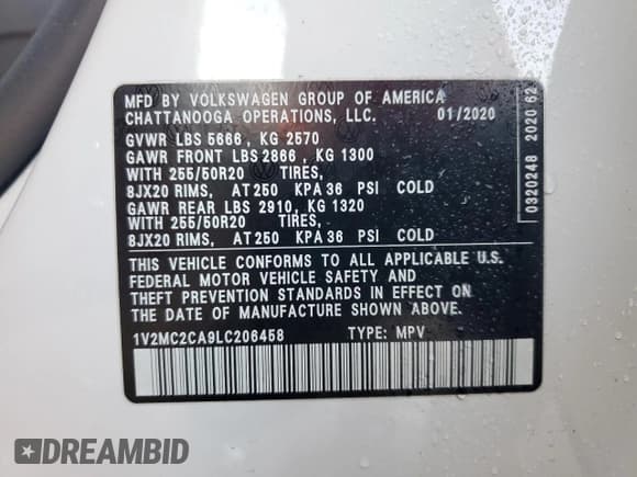 ✅ 2020 Volkswagen Atlas SEL • VIN: 1V2MC2CA9LC206458 • Lot: 70562725. Listed on Copart with Not provided. Free auction sales archive from the USA and detailed vehicle history report at DreamBid. Image 13.