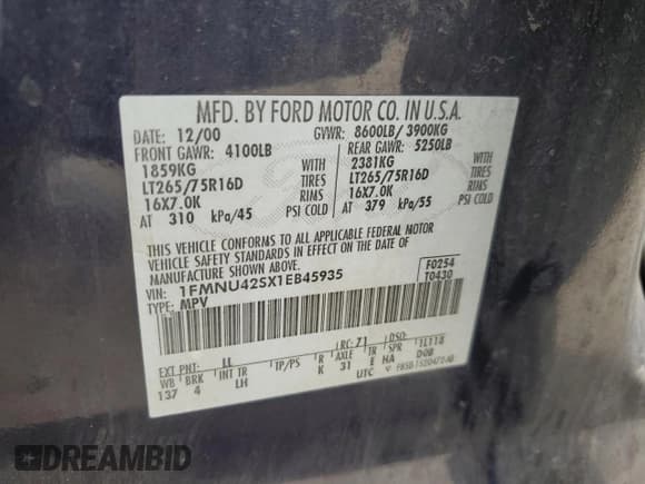 ✅ 2001 Ford Excursion Limited • VIN: 1FMNU42SX1EB45935 • Лот: 86662144. Опубликован ранее на Copart с пробегом 321 709 миль. Бесплатный доступ к архиву аукционных продаж из США и подробный отчёт об истории автомобиля на DreamBid. Изображение 13.