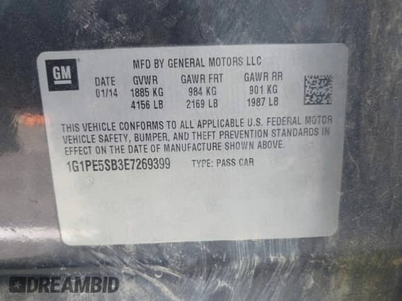 2014 Chevrolet Cruze 2LT with VIN 1G1PE5SB3E7269399, listed as a IAAI auction lot 43305556 with 139,689 mi miles and . Bid and sale history available at DreamBid. Image 9.