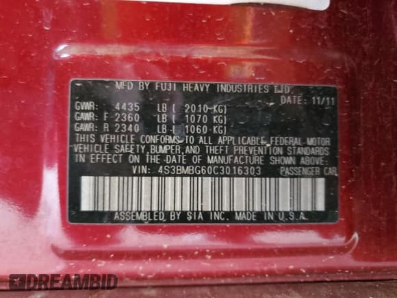 ✅ 2012 Subaru Legacy Premium • VIN: 4S3BMBG60C3016303 • Lot: 82297435. Listed on Copart with 55,006 mi. Free auction sales archive from the USA and detailed vehicle history report at DreamBid. Image 12.