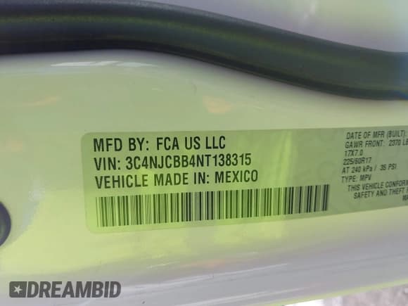 ✅ 2022 Jeep Compass Latitude • VIN: 3C4NJCBB4NT138315 • Lot: 43160735. Listed on IAAI with 57,537 mi. Free auction sales archive from the USA and detailed vehicle history report at DreamBid. Image 9.