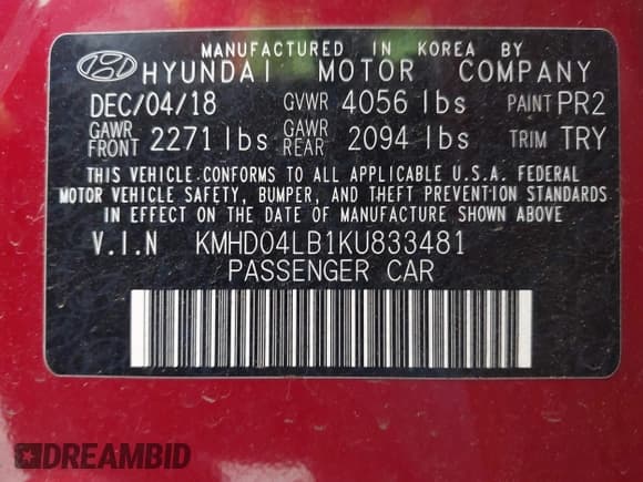 ✅ 2019 Hyundai Elantra Sport • VIN: KMHD04LB1KU833481 • Lot: 43269177. Listed on IAAI with 108,637 mi. Free auction sales archive from the USA and detailed vehicle history report at DreamBid. Image 9.