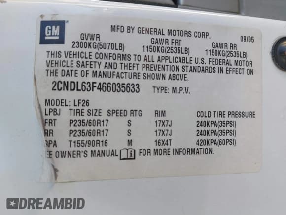 ✅ 2006 Chevrolet Equinox LT • VIN: 2CNDL63F466035633 • Лот: 41331665. Опубликован ранее на IAAI с пробегом 174 581 миль. Бесплатный доступ к архиву аукционных продаж из США и подробный отчёт об истории автомобиля на DreamBid. Изображение 9.