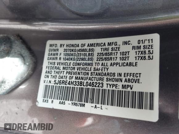 ✅ 2011 Honda CR-V LX • VIN: 5J6RE4H33BL046223 • Lot: 43661747. Listed on IAAI with 196,681 mi. Free auction sales archive from the USA and detailed vehicle history report at DreamBid. Image 9.