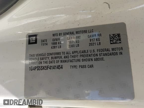 ✅ 2015 Buick Verano Group • VIN: 1G4PS5SK5F4141454 • Lot: 43289210. Wystawiony na IAAI z przebiegiem 88 125 mil. Bezpłatny archiwum sprzedaży aukcyjnych z USA i szczegółowy raport historii pojazdu na DreamBid. Zdjęcie 9.