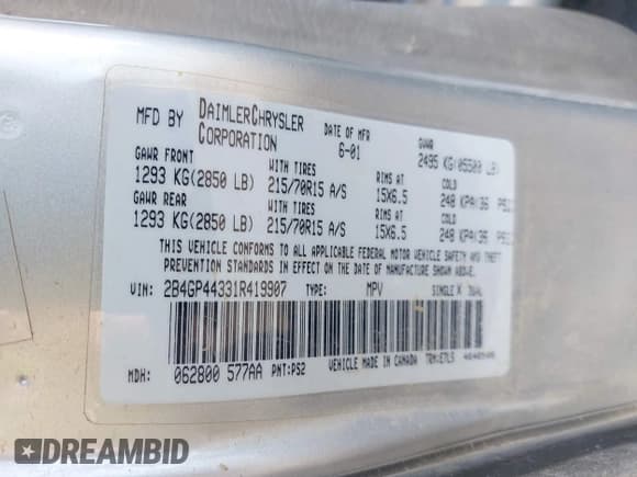 ✅ 2001 Dodge Caravan Sport • VIN: 2B4GP44331R419907 • Lot: 43352503. Listed on IAAI with 156,037 mi. Free auction sales archive from the USA and detailed vehicle history report at DreamBid. Image 9.