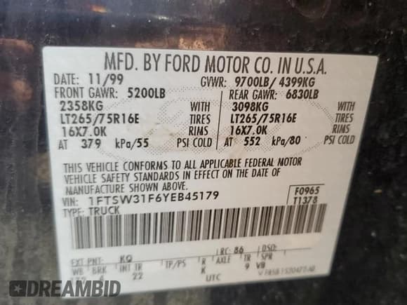 ✅ 2000 Ford F-350 XL • VIN: 1FTSW31F6YEB45179 • Lot: 85349295. Listed on Copart with 72,306 mi. Free auction sales archive from the USA and detailed vehicle history report at DreamBid. Image 12.